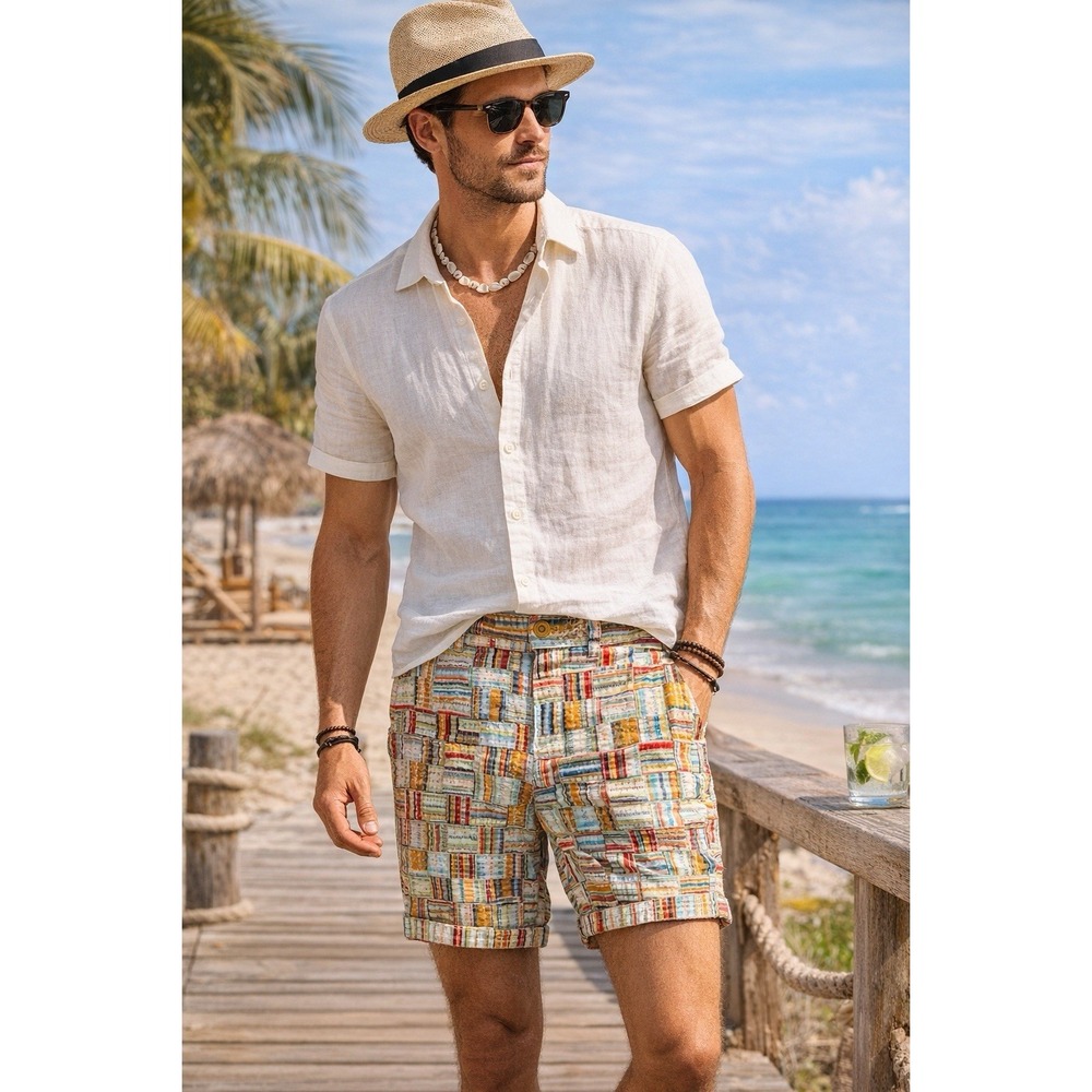 Robert Graham Classic Yates Shorts Men 38 Patchwork Print Linen Cotton Resort - Picture 1 of 15